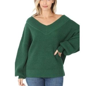 Zenana brand women’s balloon sleeve wide v-neck sweater, size large